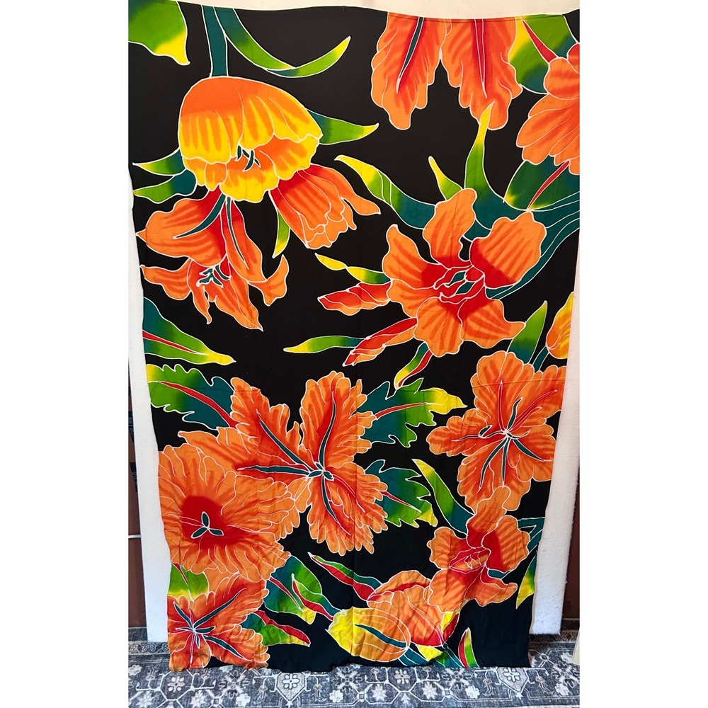 Bridge to Bali Floral Batik Sarong Wrap 100% Rayon Black Orange Tropical Beach